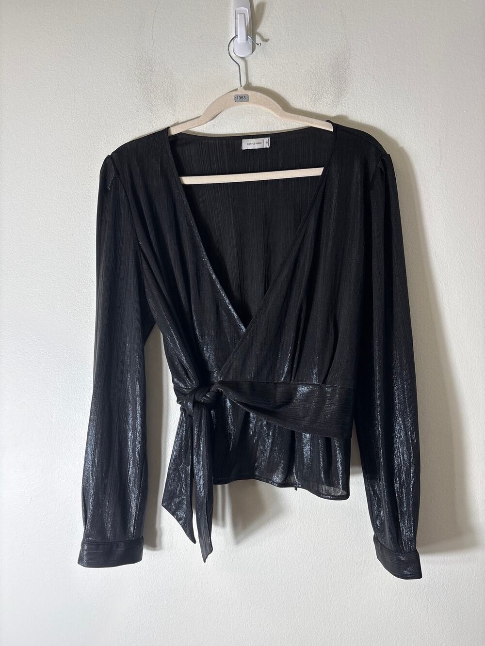 Gentle Fawn Black Wrap Shimmer Front Tie Shirt Sz M